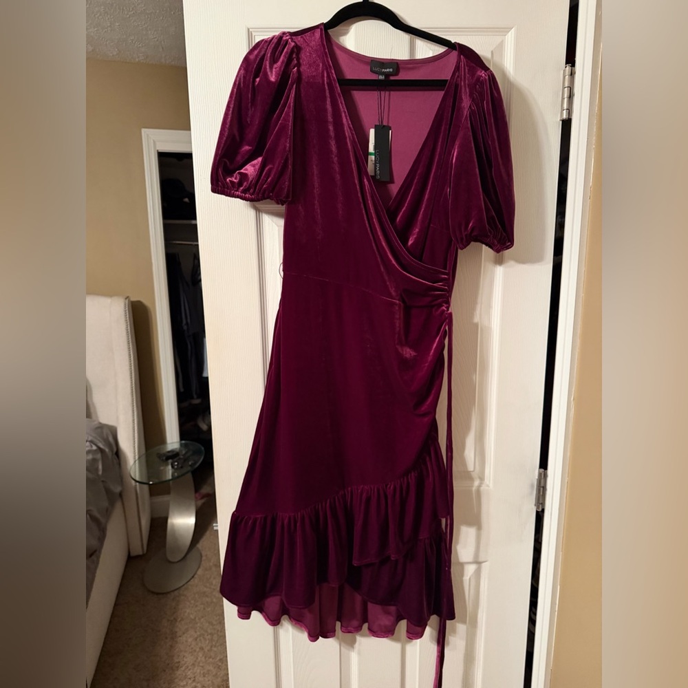 NWT‼️Lucy Paris
Velvet Faux-Wrap Dress (eggplant)